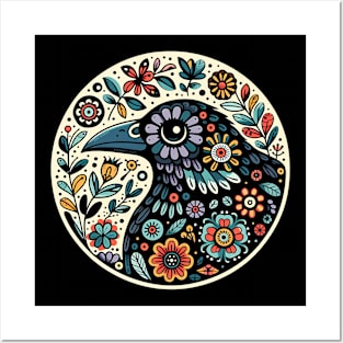 Whimsical folk art, loves crows, loves birds, crows, raven, a guardian of nature, sits among flowers, evoking a sense of protection. Posters and Art